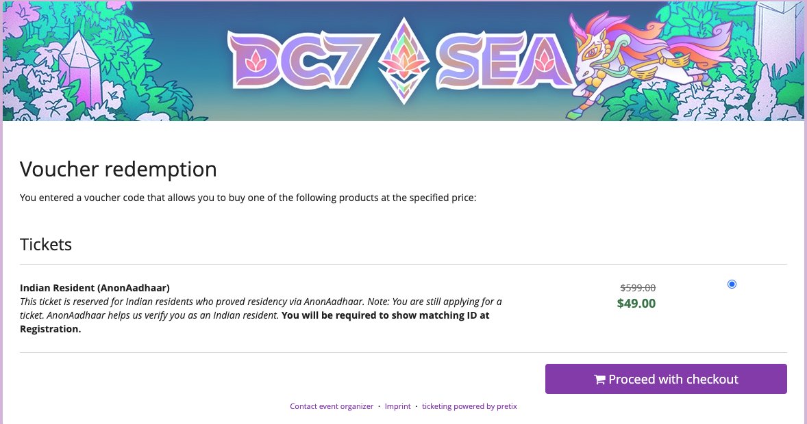 Anon Aadhaar (@anonaadhaar) on Twitter photo Are you an Aadhaar card holder and want to attend <a href="/EFDevcon/">Devconnect ARG</a> ? We have a SURPRISE for you!
$599->$49 discount
Claim it now
devcon7.anon-aadhaar.pse.dev
You can read more in the DIP 40 forum.devcon.org/t/dip-40-integ… Are you an Aadhaar card holder and want to attend <a href="/EFDevcon/">Devconnect ARG</a> ? We have a SURPRISE for you!
$599->$49 discount
Claim it now
devcon7.anon-aadhaar.pse.dev
You can read more in the DIP 40 forum.devcon.org/t/dip-40-integ…