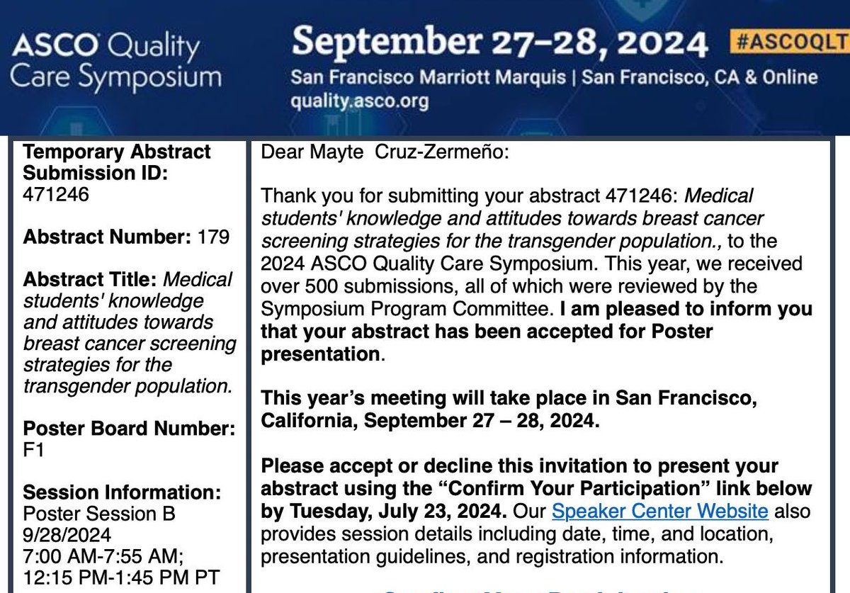mayte_crz's tweet photo. Excited to be presenting our work this year at ASCO Quality Care Symposium @ASCO #ASCOQLTY24 https://t.co/PEJFYG56PP