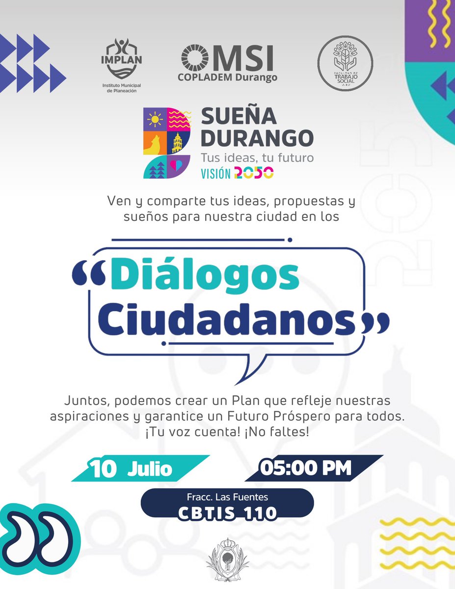 IMPLANDGO's tweet photo. 💬¡Mañana comienzan los “Diálogos Ciudadanos” para el Plan Estratégico de Durango Visión 2050!

Invitamos a todos a compartir sus ideas para un Durango próspero, seguro, sustentable y en paz. 
🗣️Llegaremos hasta tu hogar, atentos a las invitaciones con lugar y hora. ¡Participa!📣 https://t.co/zS2rH2ZqlJ