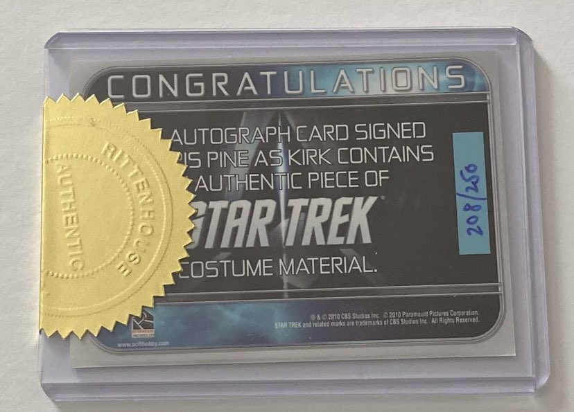 Star Trek Chris Pine costume auto card /250 - £199 shipped within the UK. Plus shipping if located elsewhere.