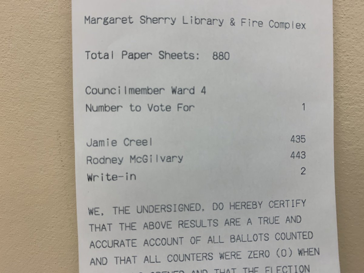 Here is the vote count in Ward 4 runoff election for Biloxi election. The 33 absentee ballots will decide it. <a href="/sunherald/">Sun Herald</a> #mselex