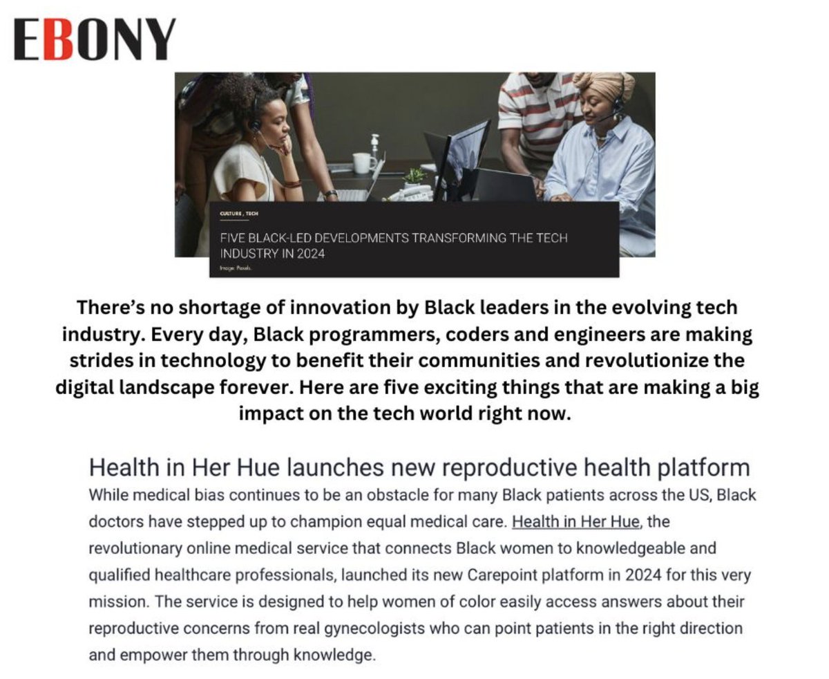 Congratulations to our portco, <a href="/HealthInHerHue/">Health in Her HUE ™</a>, who were featured in Ebony magazine as one of "Five black-led developments transforming the tech industry" !