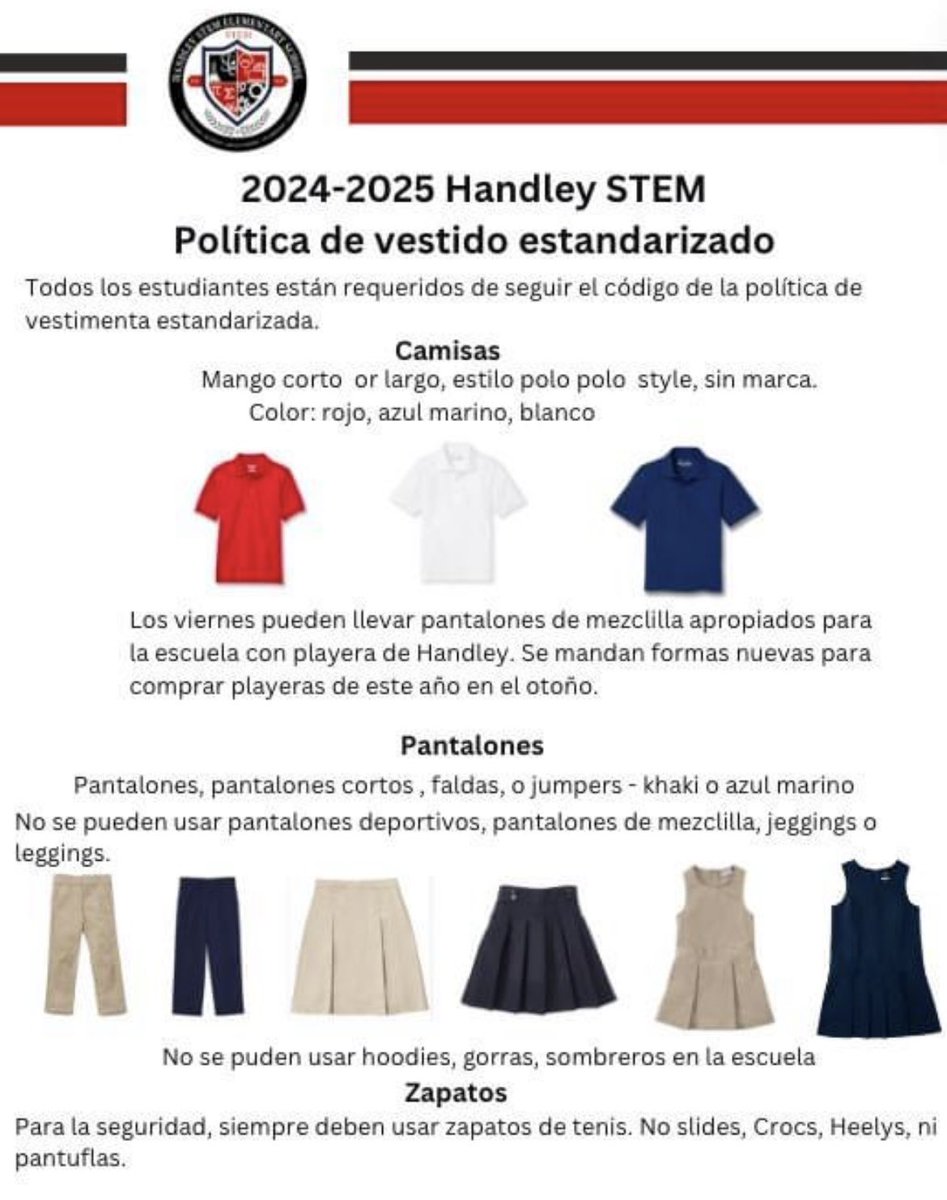 Handley STEM follows the standardized dress code. Please see examples below.