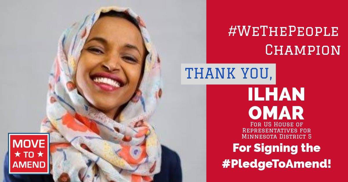 MoveToAmend's tweet photo. Excellent news! Rep. Ilhan Omar for US House of Representatives (MN- 5) has taken the #PledgeToAmend!
Go thank @IlhanMN for being a #WeThePeopleChampion and standing up against #CorporateRule by supporting the #WeThePeopleAmendment! https://t.co/iM3UZBV0DB