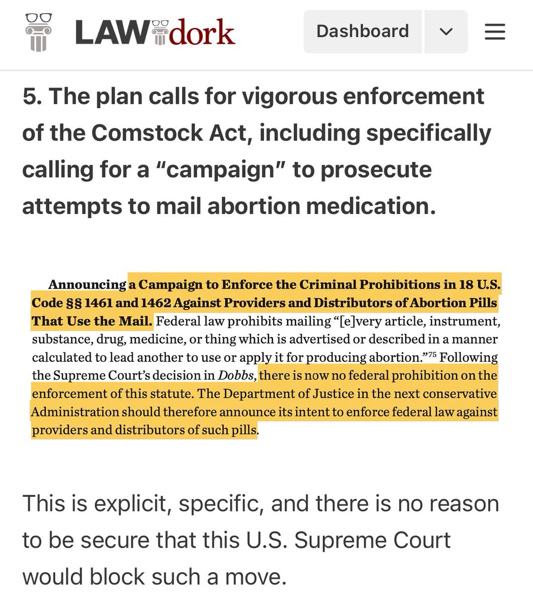 chrisgeidner's tweet photo. NOTE: Project 2025 lays out Comstock enforcement plans for DOJ, as I wrote about just yesterday, which means you wouldn’t even *need* any new law to block many abortions nationally, even in states where they should be legal: https://t.co/cTBFYFyxyK https://t.co/21NMSIaUdY
