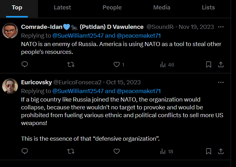 OddlyChild01's tweet photo. Like - these guys are MAGA mad no followers either, commenting on @PeaceMaker71 who does actually have 25k followers.
PM71 is making no secret of being a big pro-Putin fan.

Clearly these accounts are going to have a less than minimal impact on World Opinion. https://t.co/Mk6fLCbpSG