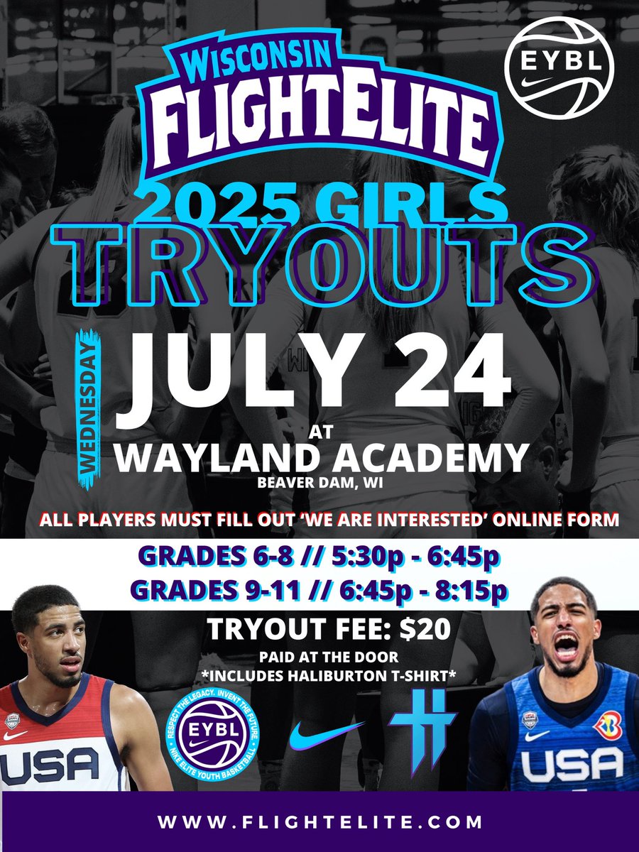 WISCONSIN FLIGHT ELITE
🔥TRYOUT INFO🔥

STEP 1️⃣…LET US KNOW
form.responster.com/iBhuyw

STEP 2️⃣…GIRLS TRYOUT
🗓️ Wednesday, July 24
📍 Wayland Academy (Beaver Dam, WI)
🏫 Grades 6-8 @ 5:30p-6:45p
🏫 Grades 9-11 @ 6:45p-8:15p

Grades are 2024-25 school year