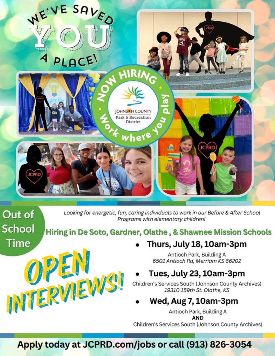 JCPRDLEADCamp's tweet photo. We are now hiring for the 2024-2025 school year.  Before and/or After School Program positions available. You can attend an open interview time. Or you can give us a call to setup an interview time that works for you. 

We saved you a place! https://t.co/fjDRC2mZGN