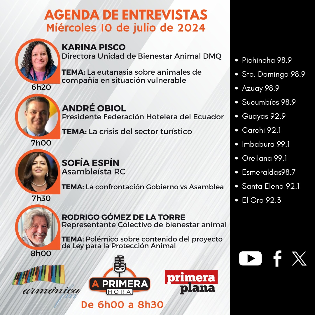 🎙️Agenda del noticiero #APrimeraHora | Miércoles, 10 de julio de 2024.

➡️ Karina Pisco, <a href="/UBAQuito/">Unidad de Bienestar Animal Quito</a>
➡️ <a href="/AndreObiol/">andre obiol</a>
➡️ <a href="/SofiaEspinRC/">Sofía Espín Reyes</a>
➡️ <a href="/rgdelat/">Rodrigo Gómez de laT</a>

⏰Los esperamos desde las 06h00 am, con <a href="/fabriciovelav/">Fabricio Vela</a>.