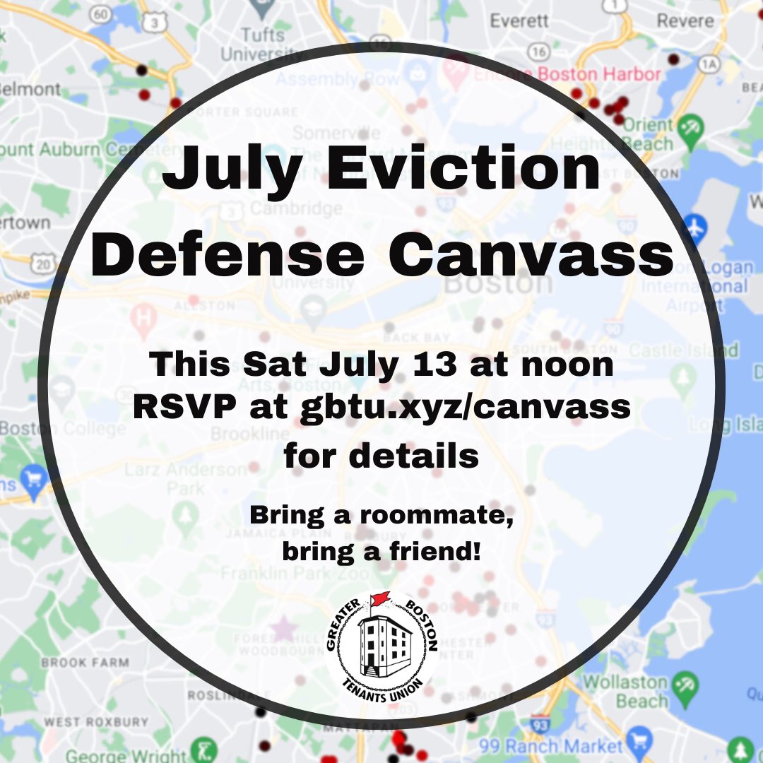 Join us for our July Eviction Defense Canvass! Great action to be at if you're curious about tenant organizing! This Sat at noon, location details available once you RSVP at gbtu.xyz/canvass