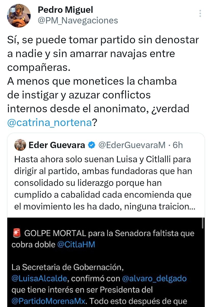 catrina_nortena's tweet photo. Tan siquiera yo no cobro de la Jornada, que recibe millones del gobierno de nuestros impuestos, ni me dan mi chequecito por ser miembro de Morena como usted comprenderá mi estimado @PM_Navegaciones.

El que lucra y vive de la política y dec nuestros impuestos es usted, no yo... https://t.co/vnJM1UDAZx