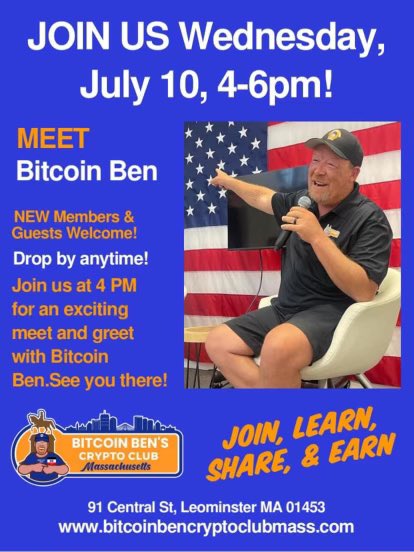 BBCC__MA's tweet photo. Join us for an exciting event tomorrow!
Wednesday July 10th Drop in anytime from 4pm-6pm
Meet the one and only Bitcoin Ben!
New members and guests welcome. See you there!
#bitcoin #crypto #cryptocurrency #bitcoinben #leominster #massachusetts https://t.co/0Pn3D1rhLf