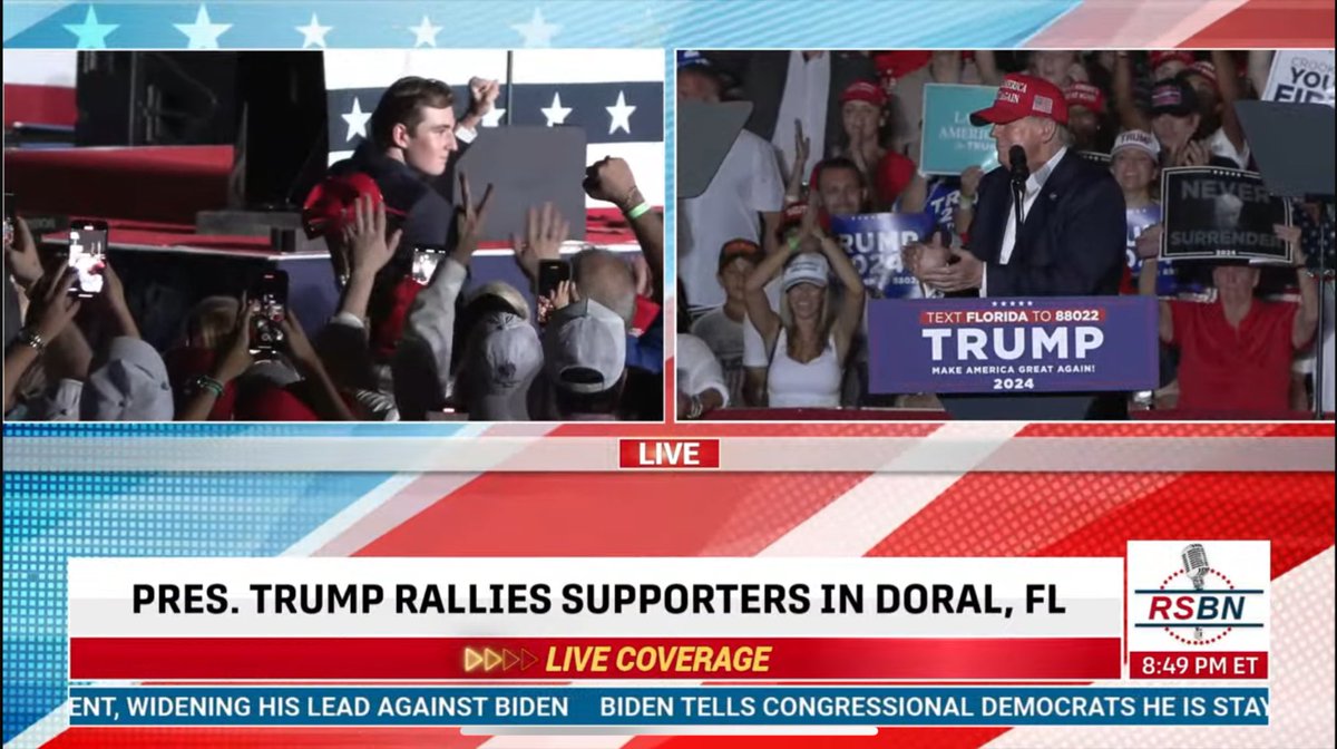 wsteaks's tweet photo. Trump introduced his son Barron at Doral rally: “This is the first time he’s ever done this.”

“Stand up, look at him… he might be more popular than Don or Eric.”

Big applause from the crowd.

“Welcome to the scene, Barron.” https://t.co/8eRKTs5h7b