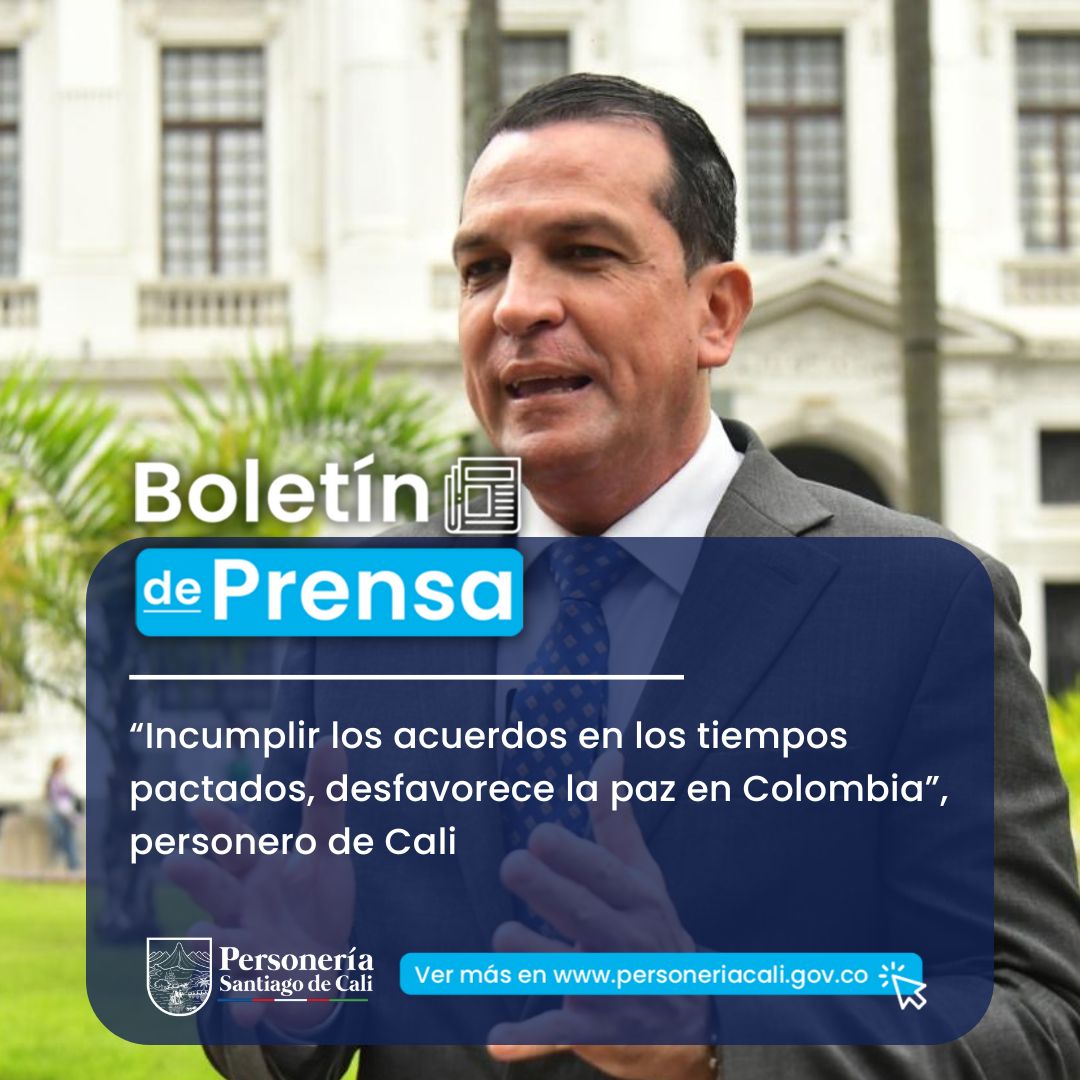 personeriacali's tweet photo. “Incumplir los acuerdos en los tiempos pactados, desfavorece la paz en Colombia”, personero de Cali.

👉🏼Ver: https://t.co/he1bfUSzKt https://t.co/KAa1wAeWN1