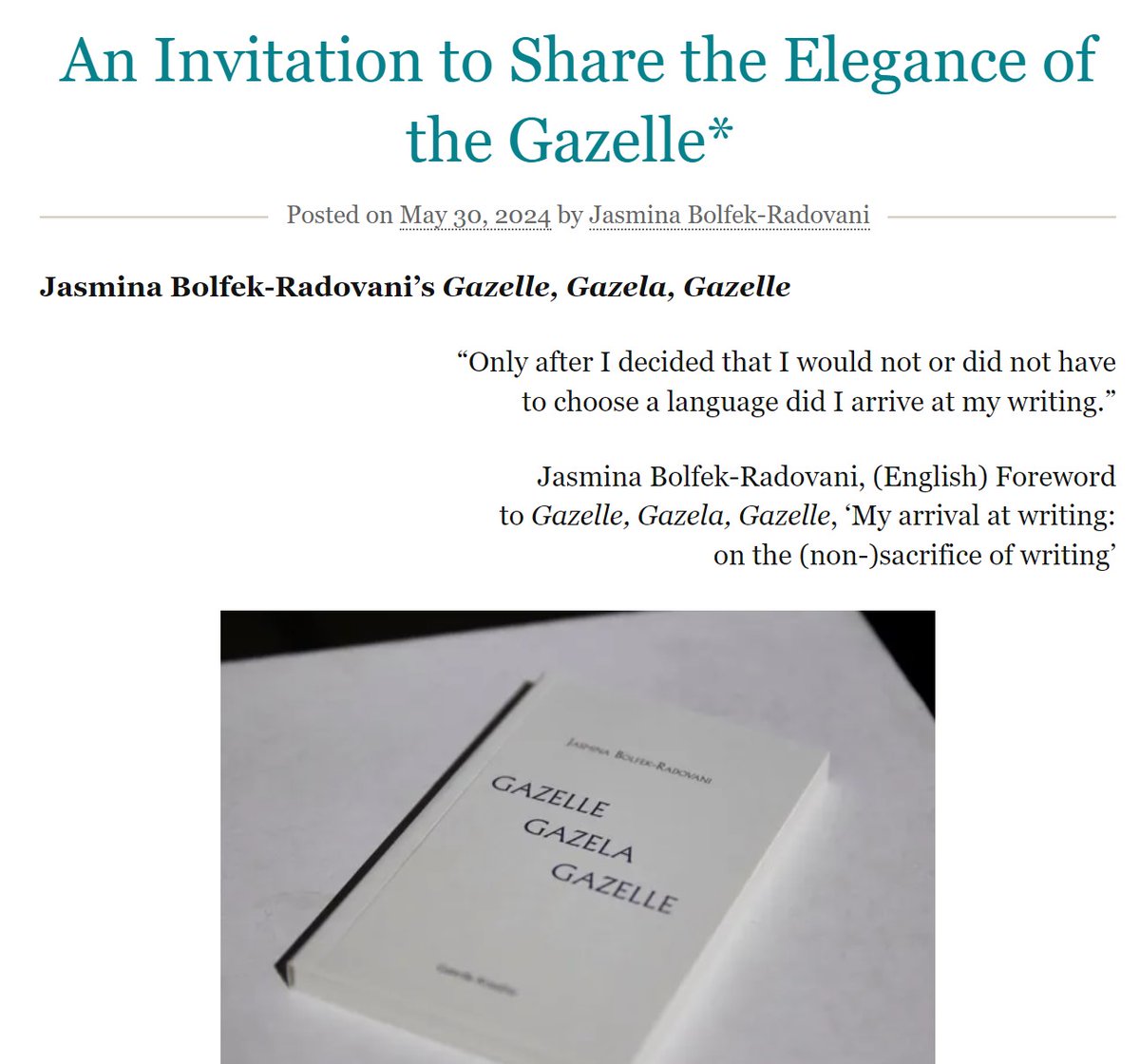 khalidlym's tweet photo. On #multilingualpoetry &amp; its power to challenge linguistic hierarchies: Debra Kelly reviews Jasmina Bolfek-Radovani's "Gazelle, Gazela, Gazelle" @TearsInTheFence Both authors contributed to our #AbdelkébirKhatibi volume @LivUniPress (2020) https://t.co/cOAWqL5ltL #multilingualism https://t.co/wIC8xESfv5