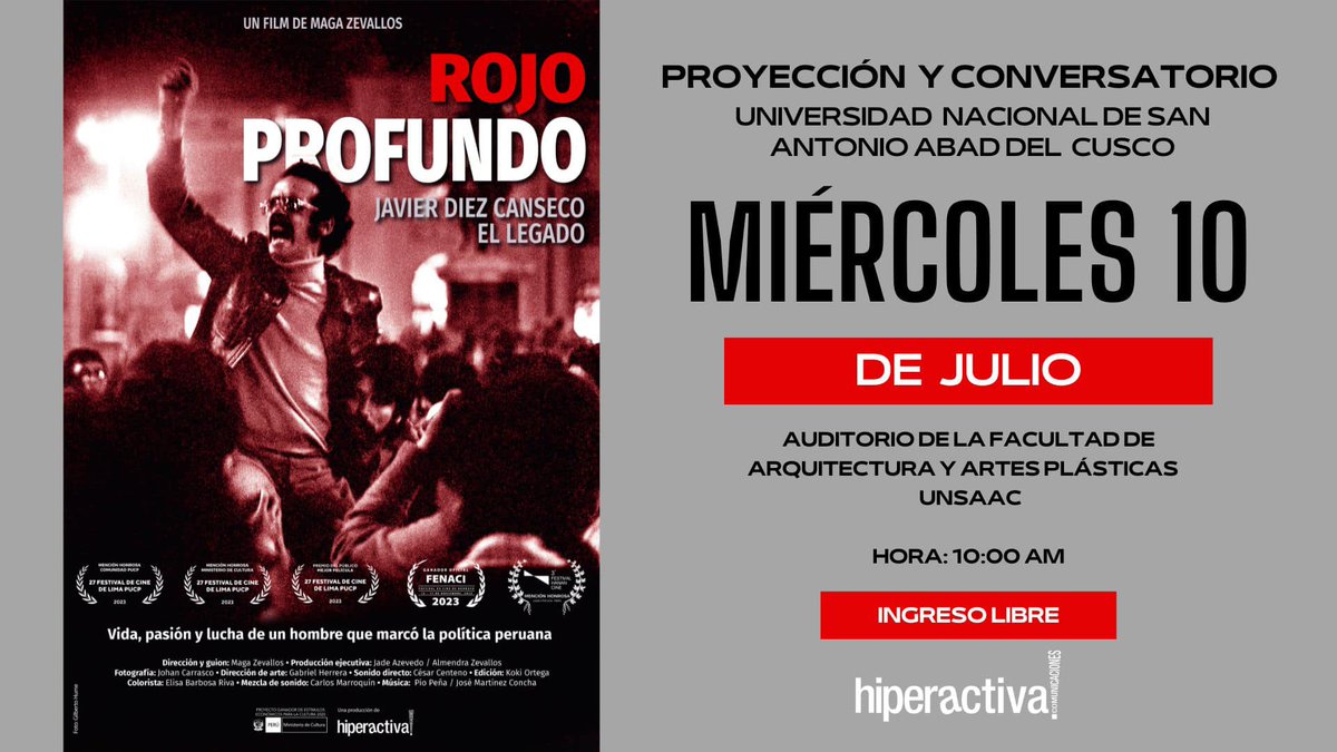 PeliculaRojo's tweet photo. 🚨Mañana ROJO PROFUNDO en la UNSAAC 

El curso de Historia y crítica de la arquitectura III de la UNSAAC, viene promoviendo la proyección y conversatorio de nuestro documental.

🗓️10 de julio
Auditorio de la Facultad de Arquitectura y Artes Plásticas
🕚10:00 AM
Ingreso gratuito https://t.co/b5MBd0EEjl