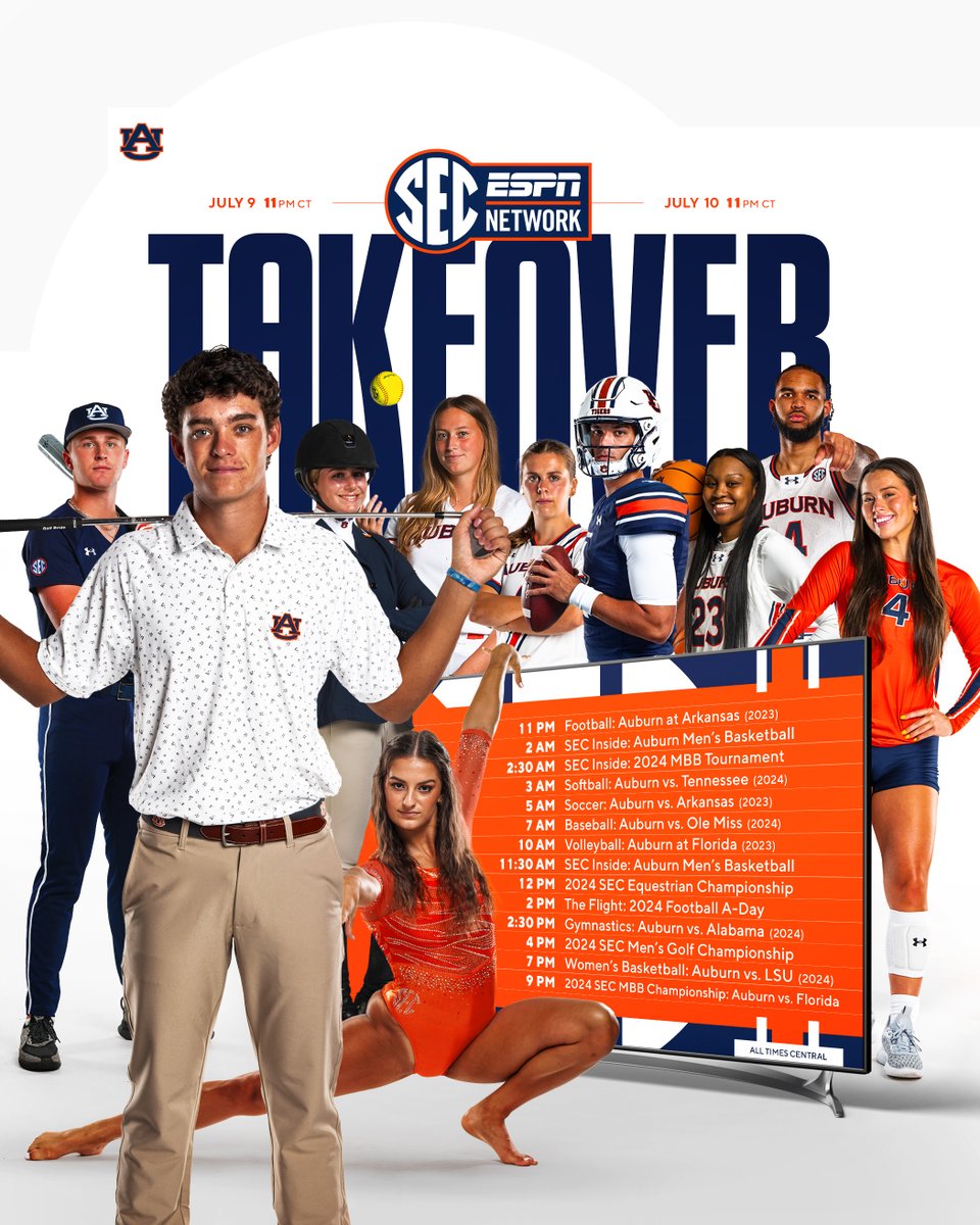 AuburnTigers's tweet photo. All Auburn, all day! 

We are taking over the @SECNetwork starting tonight at 11 p.m. CT! 

#WarEagle https://t.co/muFUJdE543