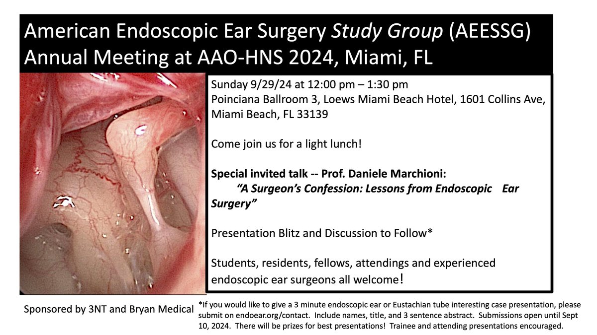 Endoscopic Ear Surgery (@endoear) on Twitter photo Please join us for the annual <a href="/EndoEar/">Endoscopic Ear Surgery</a> study group meeting at the <a href="/AAOHNS/">AmAcadOtolaryngology</a> 2024 meeting in Miami! Details below: Please join us for the annual <a href="/EndoEar/">Endoscopic Ear Surgery</a> study group meeting at the <a href="/AAOHNS/">AmAcadOtolaryngology</a> 2024 meeting in Miami! Details below: