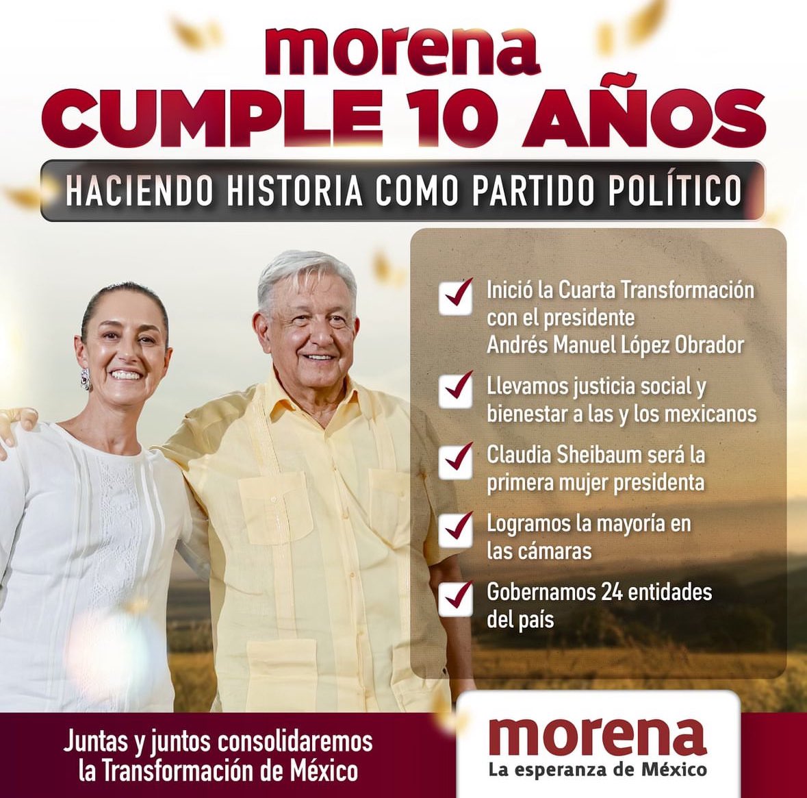 craviotocesar's tweet photo. Un día como hoy, hace 10 años, @PartidoMorenaMx se constituyó como partido político.

Hoy somos la principal fuerza política del país y, junto al pueblo, seguimos trabajando por la #Transformación. 🤩

¡Vamos por muchos más años! 💪 https://t.co/uyaVT6y9ov