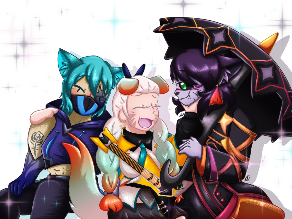 Displacer_Cat's tweet photo. UWAAA Look at the lovely picture @marshmewwos drew for The Love Sharks! @ItsNunzy and @MazitheMinstrel are joining me in this one while we're dressed in our favorite character's outfits from #OmegaStrikers 

Bonus: SHE DID US A LOGO TOO GUYS THE WHOLE THING IS AWESOME, SHES GREAT https://t.co/xaUGSLvDZ5