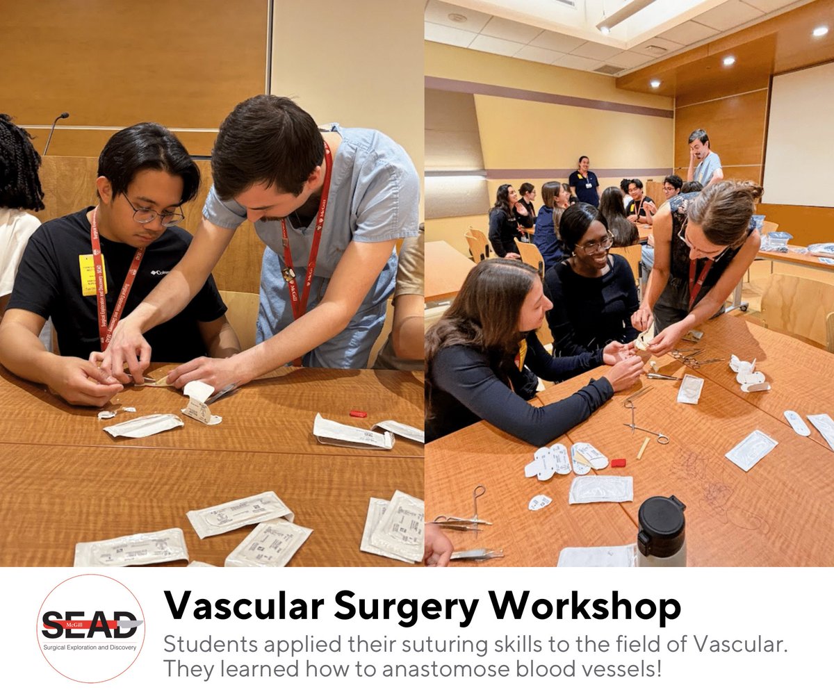 Today, SEAD students had a Vascular Surgery talk led by Dr. Gill, Dr. Kinio (R5), and Dr. Gold (R2). Then, they got to apply their suturing skills in the context of vascular surgery. They learned how to do a blood vessel anastomosis and how to suture a lacerated artery! #mcgill