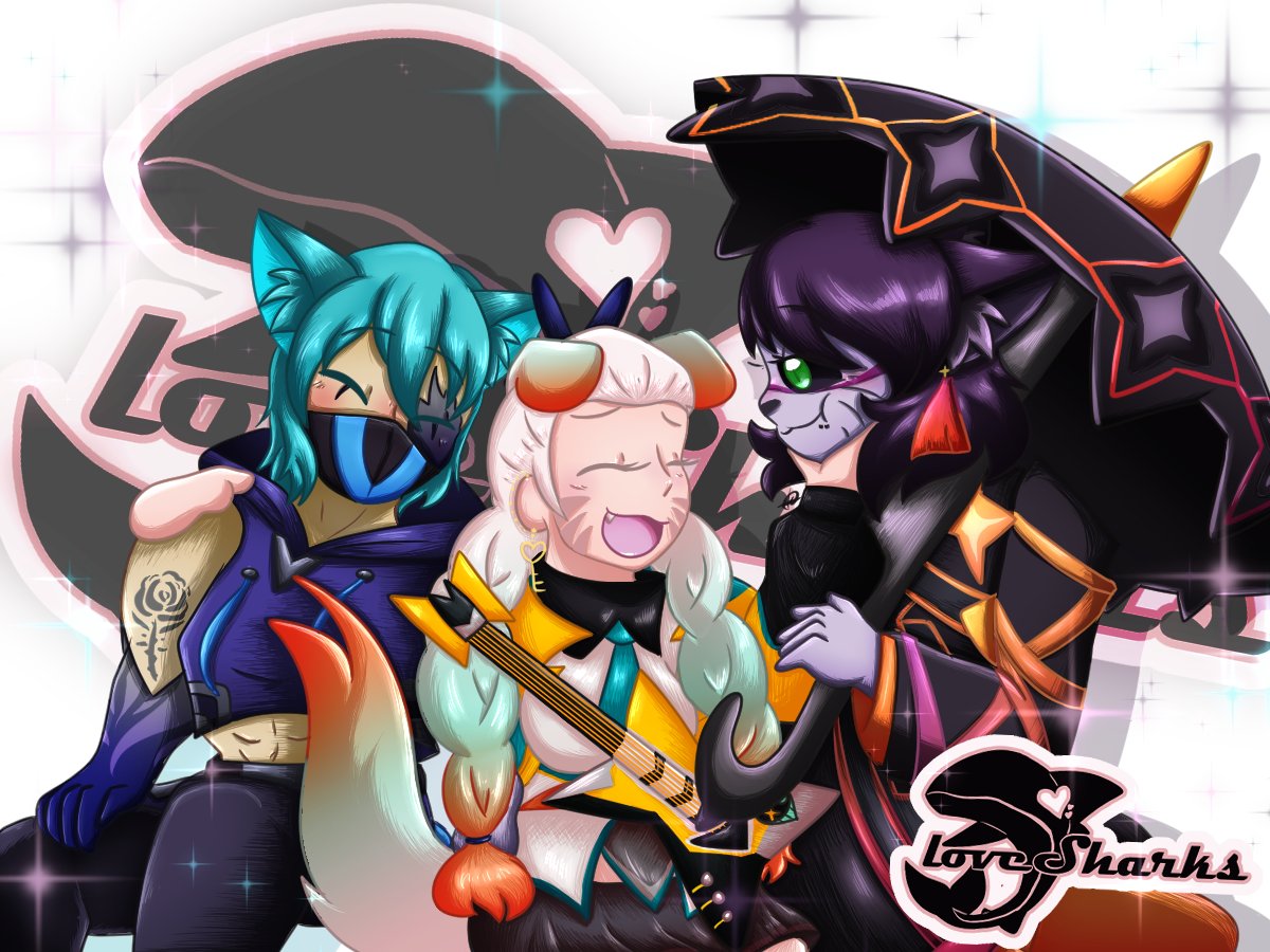 Displacer_Cat's tweet photo. UWAAA Look at the lovely picture @marshmewwos drew for The Love Sharks! @ItsNunzy and @MazitheMinstrel are joining me in this one while we're dressed in our favorite character's outfits from #OmegaStrikers 

Bonus: SHE DID US A LOGO TOO GUYS THE WHOLE THING IS AWESOME, SHES GREAT https://t.co/xaUGSLvDZ5