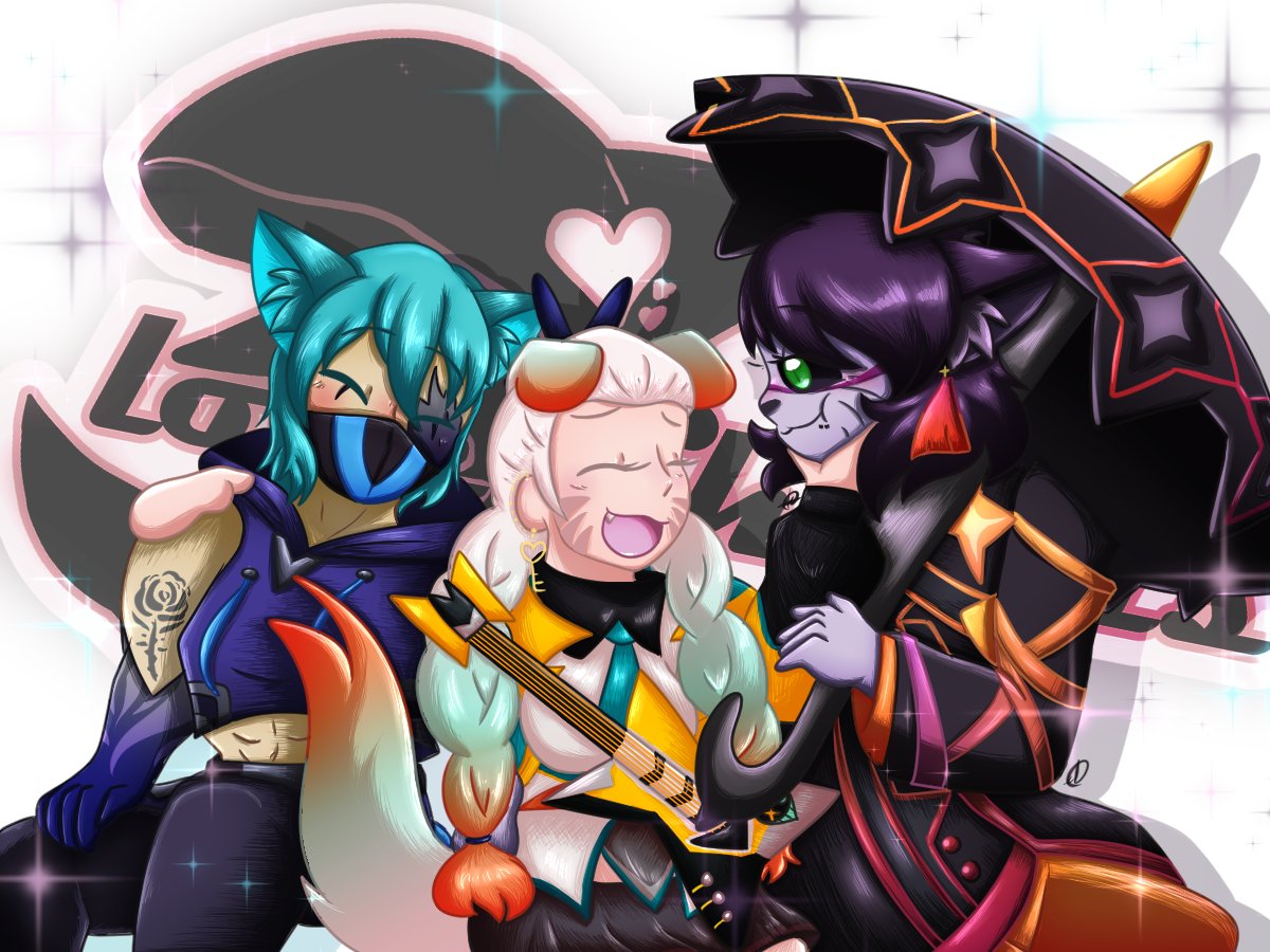 Displacer_Cat's tweet photo. UWAAA Look at the lovely picture @marshmewwos drew for The Love Sharks! @ItsNunzy and @MazitheMinstrel are joining me in this one while we're dressed in our favorite character's outfits from #OmegaStrikers 

Bonus: SHE DID US A LOGO TOO GUYS THE WHOLE THING IS AWESOME, SHES GREAT https://t.co/xaUGSLvDZ5