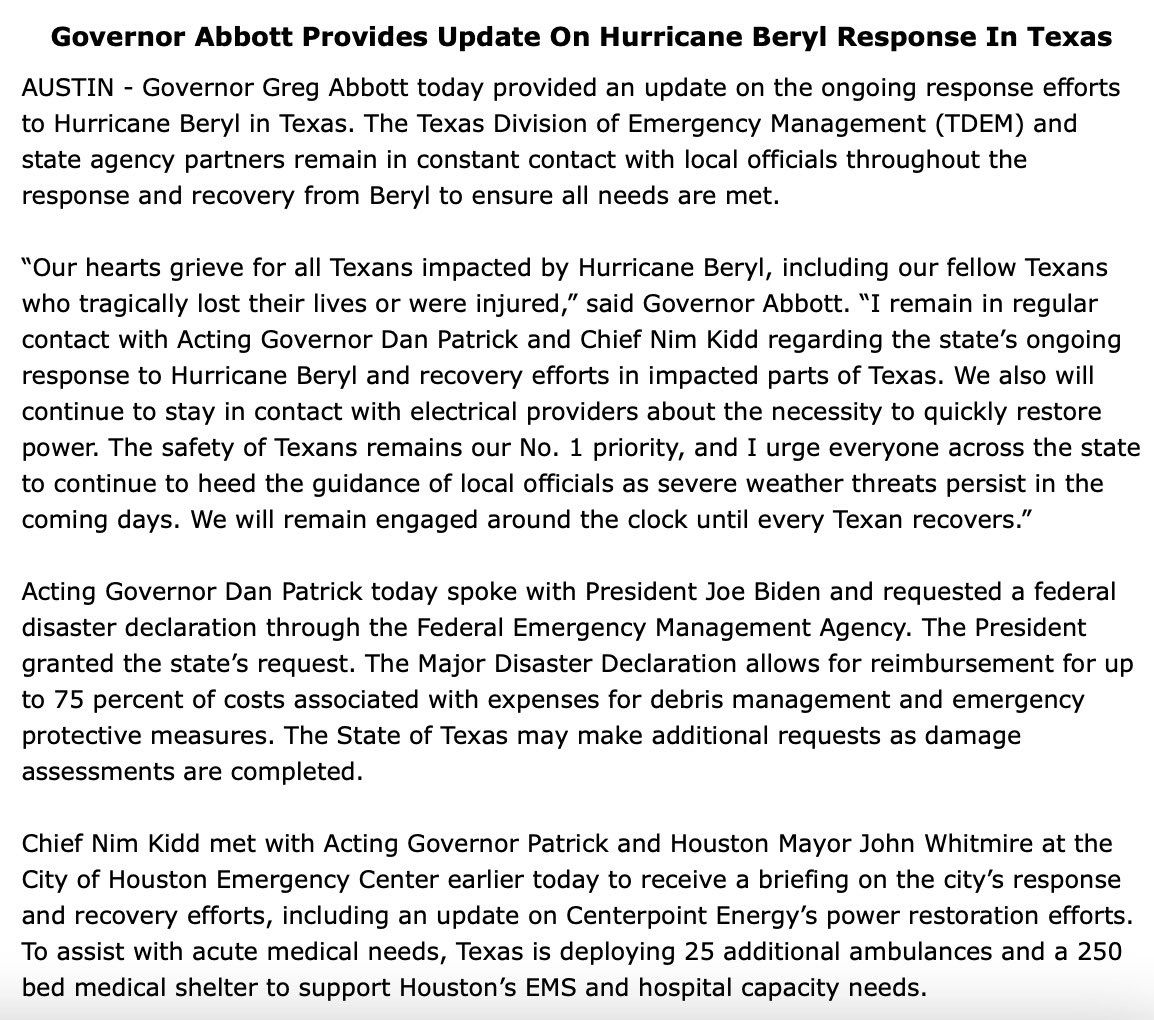 GovAbbottPress's tweet photo. An update on Hurricane #Beryl response and recovery efforts.
I remain in contact with Acting Gov. @LtGovTX and @TDEM.
We are also in contact with electrical providers about quickly restoring power.
We’ll remain engaged until every Texan recovers.
More: https://t.co/SOIhU8t3dl https://t.co/U0XrBWsHaj