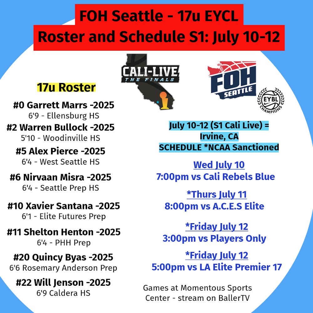 FOH Seattle Nike EYCL 2025 - roster and schedule for Cali Live S1 July 10-12. <a href="/EHACircuit/">EHACircuit</a> <a href="/JuliusVElite0/">Julius V.</a> <a href="/ReportBrooks/">Brooks Scouting Report</a> <a href="/madehoops/">MADE Hoops</a>