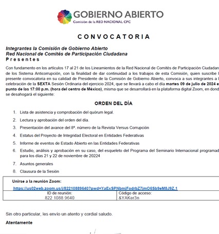 El día de hoy tuve sesión ordinaria de la <a href="/ComisionCpc/">Comisión de Gobierno Abierto de la CPC Red</a> de <a href="/CpcRed/">Red Nacional de CPC.</a>, en la que se presentaron varios temas como lo fue el avance del 8º número de la revista "Versus Corrupción" y el informe de eventos de Estado Abierto.

<a href="/cpcseaags/">Comité de Participación Ciudadana Aguascalientes</a>