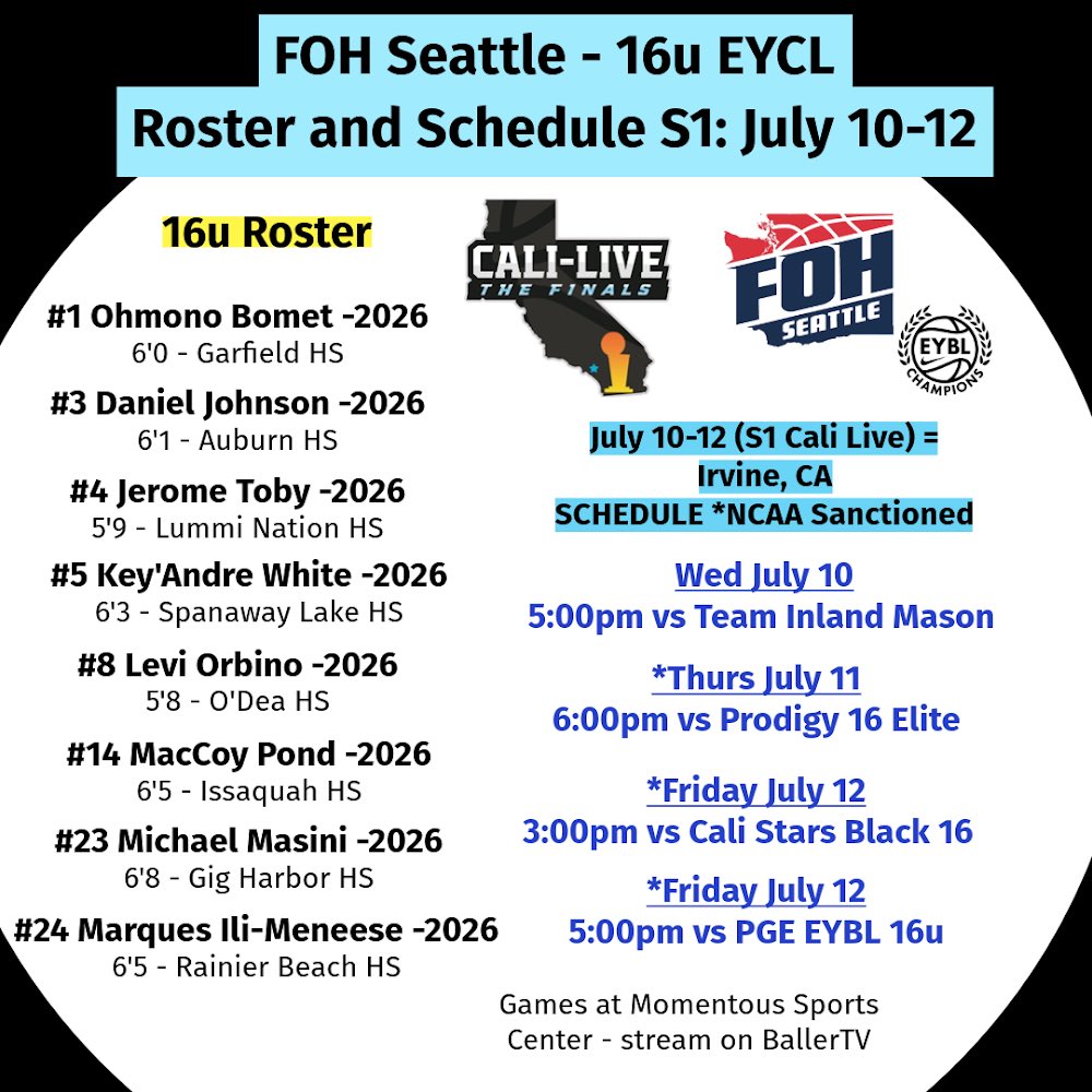 Friends Of Hoop (@fohseattle) on Twitter photo FOH Seattle Nike EYCL 2026 - roster and schedule for Cali Live S1 July 10-12. <a href="/EHACircuit/">EHACircuit</a> <a href="/JuliusVElite0/">Julius V.</a> <a href="/ReportBrooks/">Brooks Scouting Report</a> <a href="/madehoops/">MADE Hoops</a> FOH Seattle Nike EYCL 2026 - roster and schedule for Cali Live S1 July 10-12. <a href="/EHACircuit/">EHACircuit</a> <a href="/JuliusVElite0/">Julius V.</a> <a href="/ReportBrooks/">Brooks Scouting Report</a> <a href="/madehoops/">MADE Hoops</a>