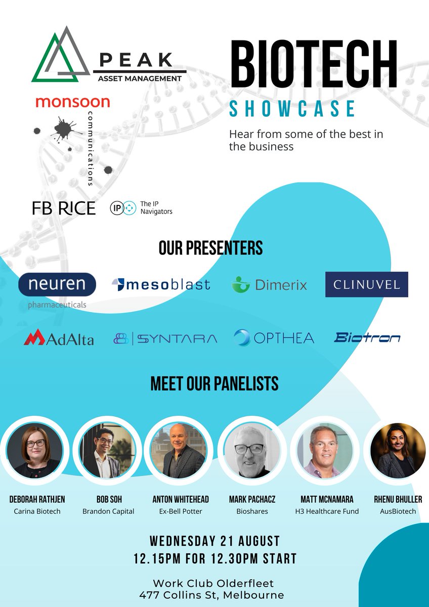 Join us at our #BiotechShowcase on Wed 21 Aug for a series of top Aussie #biotech presentations, panel on biotech investing and networking drinks. Don’t miss out: peak.contact