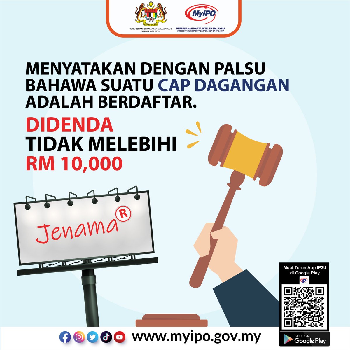 Menyatakan dengan palsu bahawa cap dagangan adalah berdaftar adalah salah dan boleh dikenakan denda yang tidak melebihi RM10,000. Jangan terjebak dalam pelanggaran undang-undang.

#BersamaMyIPO #MyIPOdihati #IP2U #MalaysiaMadani #HartaIntelek