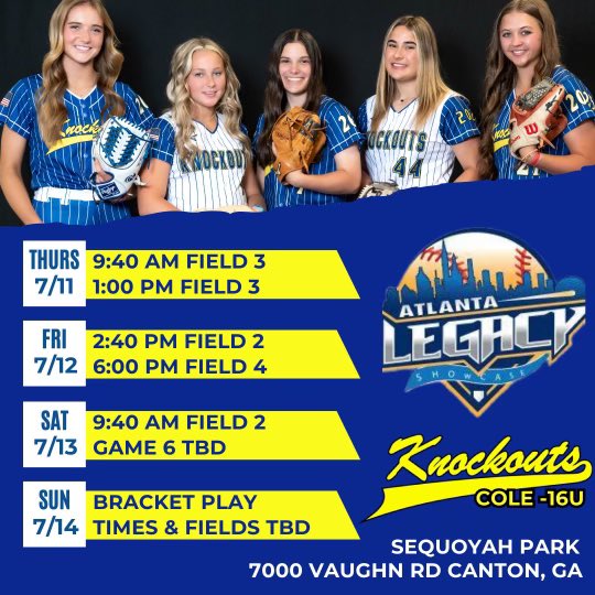 Kylah Shifflett (@kylahshifflett) on Twitter photo Looking forward to the Atlanta Legacy camp and showcase this week with <a href="/Knockouts_Cole/">Knockouts-Cole 16u Softball</a>!!
Our games start on Thursday at Sequoyah Park and I would love for you to come and check us out!
<a href="/newberrysb/">Newberry College SB</a> <a href="/kylieshay98/">Kylie Shay</a> <a href="/ChowanSoftball/">Chowan University Softball</a> <a href="/JuniorBailey/">Junior Bailey</a> <a href="/presleybissett9/">Coach B</a> <a href="/ValkyriesSB/">Converse University Softball</a> Looking forward to the Atlanta Legacy camp and showcase this week with <a href="/Knockouts_Cole/">Knockouts-Cole 16u Softball</a>!!
Our games start on Thursday at Sequoyah Park and I would love for you to come and check us out!
<a href="/newberrysb/">Newberry College SB</a> <a href="/kylieshay98/">Kylie Shay</a> <a href="/ChowanSoftball/">Chowan University Softball</a> <a href="/JuniorBailey/">Junior Bailey</a> <a href="/presleybissett9/">Coach B</a> <a href="/ValkyriesSB/">Converse University Softball</a>