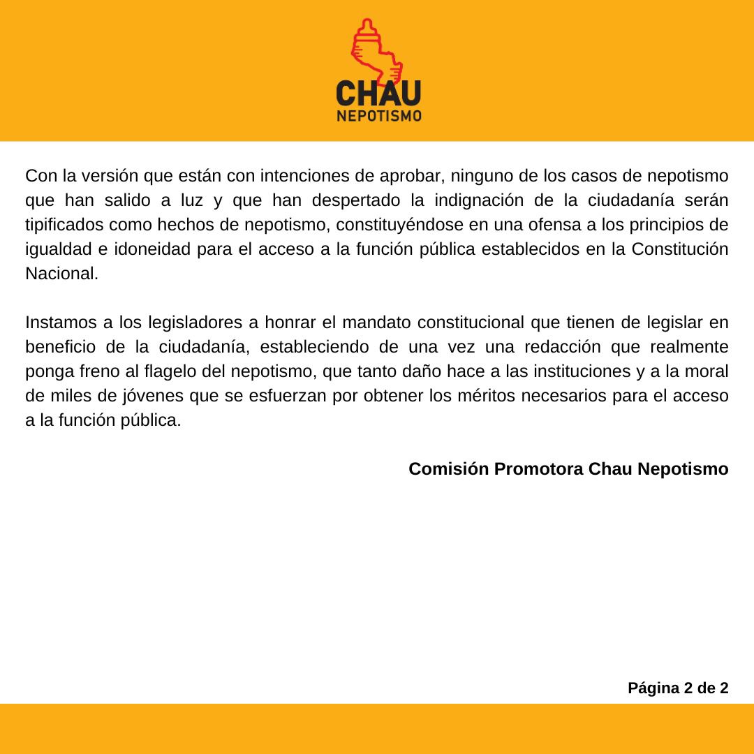 🚨Mañana miércoles el Senado aprobaría un proyecto de ley que es más de lo mismo y no va a poder frenar los casos de nepotismo existentes.

📣 Instamos a los Senadores a honrar el mandato constitucional que tienen de legislar en beneficio de la ciudadanía.

#ChauNepotismo