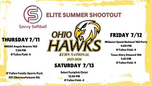 My team and I are playing in O’Fallon Illinois this weekend at the Elite Summer Shootout. Below is our schedule! Let’s work!💪🏼 <a href="/ohiohawkskuhn/">Ohio Hawks Kuhn 18u</a> <a href="/LalondeSoftball/">Adam LaLonde</a> 
<a href="/brosully16/">Brooooke</a> <a href="/CoachScoone/">Sara Scoone</a> <a href="/SaraPelegreen/">Sara Pelegreen</a> <a href="/malchapmann/">Coach Mal</a> <a href="/ettasoftball/">Marietta Softball</a> <a href="/HollyTuckerVan1/">Holly Tucker-Vance</a>