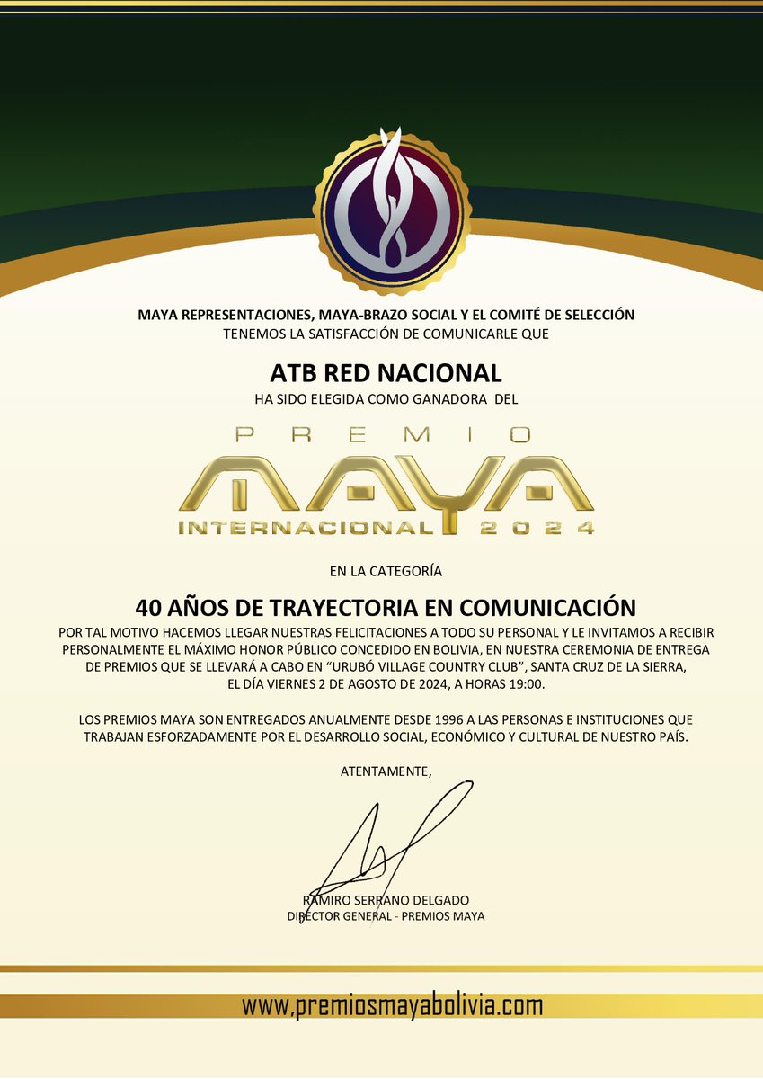 EnConexionbol's tweet photo. ATB Red Nacional ha sido elegida como ganadora del Premio Maya Internacional 2024 en la categoría de "40 Años de Trayectoria en Comunicación".
#ATBDigital #PremiosMaya https://t.co/zP2GteBgxs