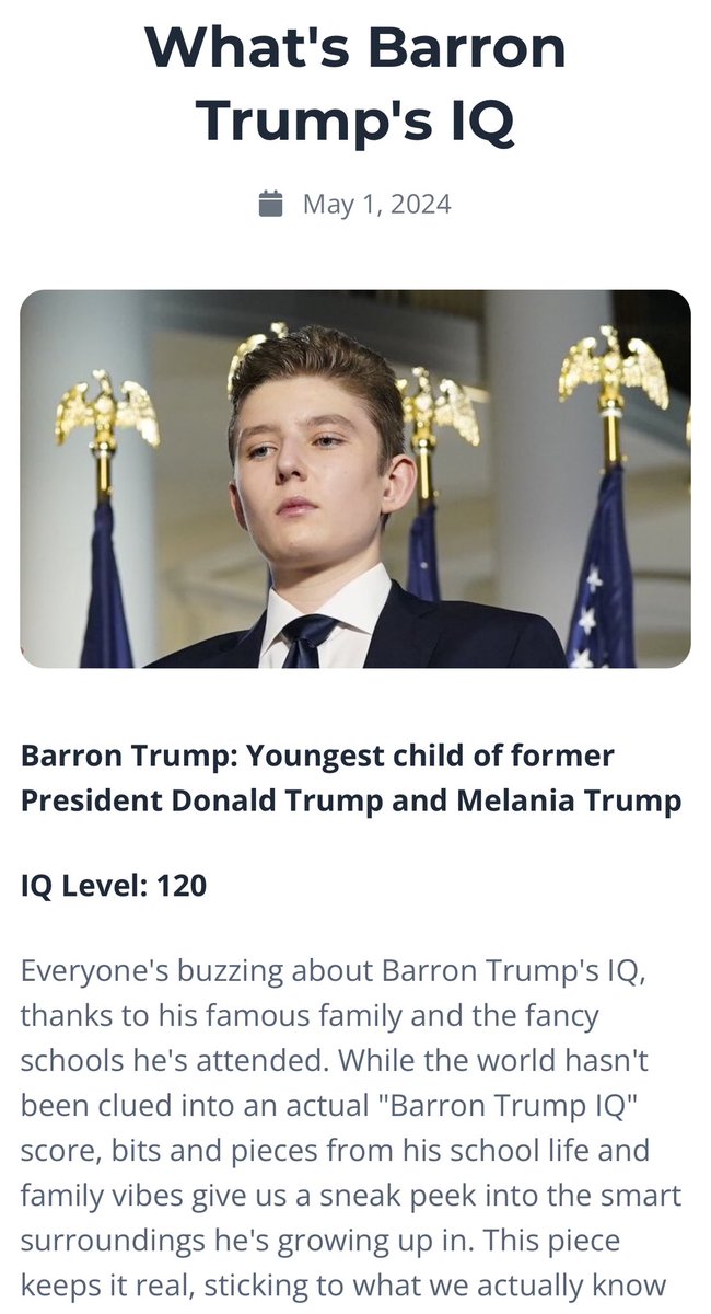 mxcanjoe's tweet photo. @briody_tom @MAGAMAN614 This is the only thing I could find online. Everything else I found read something like this;
 “There is no publicly available information about Barron Trump's IQ” https://t.co/tve3thHM7G