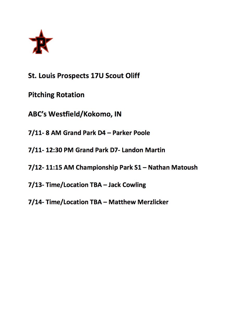 STLProspectsBaseball (@stlprospects) on Twitter photo <a href="/stlprospects/">STLProspectsBaseball</a> 17U Scout Oliff rotation for ABCโs this weekโฆ.
<a href="/Bullpenevents/">Bullpen Tournaments</a> <a href="/stlprospects/">STLProspectsBaseball</a> 17U Scout Oliff rotation for ABCโs this weekโฆ.
<a href="/Bullpenevents/">Bullpen Tournaments</a>