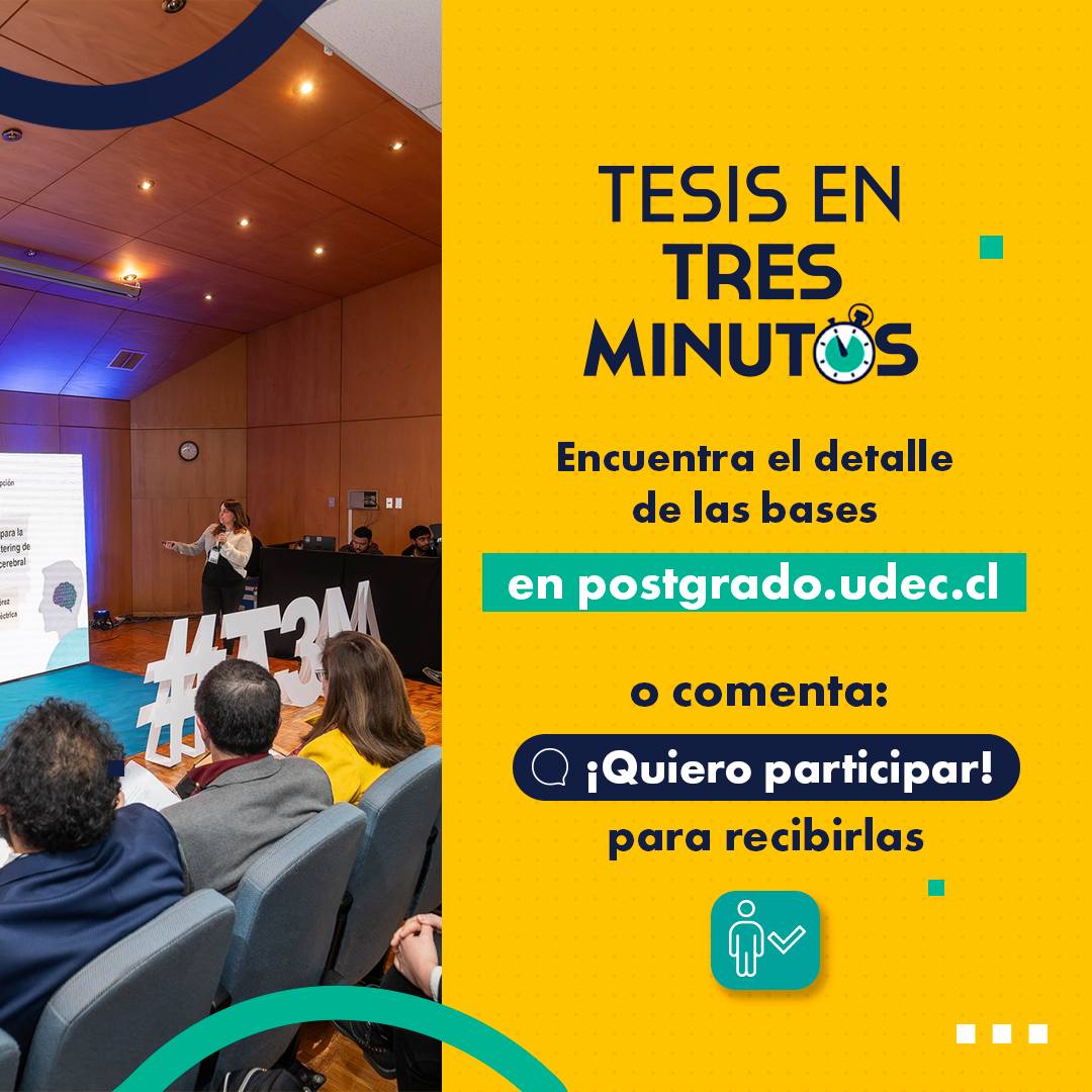 mgle_udec's tweet photo. ¡Atención estudiantes del Programa #MGLE UdeC!
Hasta el 22 de julio puedes postular al Concurso Tesis en 3 minutos.
Ya está abierta esta convocatoria para que demuestres tus habilidades en la comunicación de tus resultados de investigación. Bases en: https://t.co/KmK7lIPfQp https://t.co/KnarLAB0jC