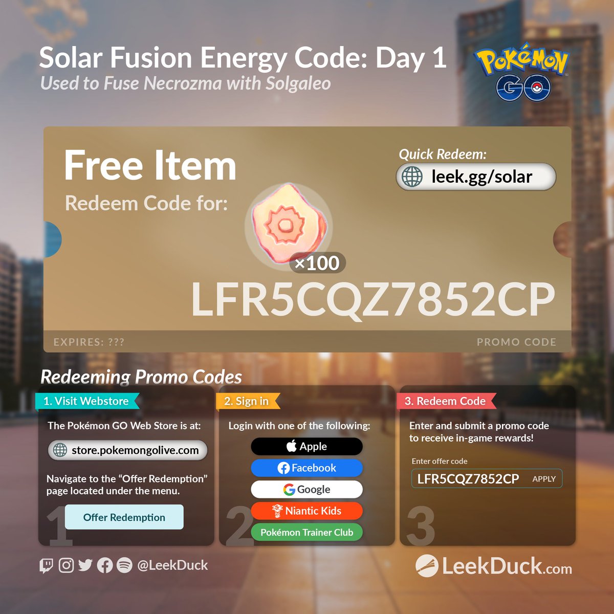 Redeem this promo code to get 100 Solar Fusion Energy.  This is the first of four promo codes this week.

LFR5CQZ7852CP

Quick Redeem: leek.gg/solar

#PokemonGO