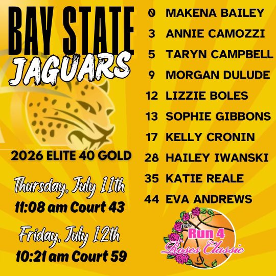 Kelly Cronin (@kellycronin55) on Twitter photo Here's the schedule for my 1st two games in the <a href="/TFNsRun4Roses/">TFN's Run 4 Roses</a> Classic tournament in Kentucky! The games will be followed by bracket play on Fri 7/12 and Sat 7/13 in the 2026 Cyan division. Go Jags!
<a href="/LaurieBollin/">LAURIE BOLLIN</a>
<a href="/mrodrigues423/">Matt Rodrigues</a>
<a href="/CoachTyMosley/">Coach Tyreik Mosley</a>
<a href="/BayStateJags/">Bay State Jaguars</a> Here's the schedule for my 1st two games in the <a href="/TFNsRun4Roses/">TFN's Run 4 Roses</a> Classic tournament in Kentucky! The games will be followed by bracket play on Fri 7/12 and Sat 7/13 in the 2026 Cyan division. Go Jags!
<a href="/LaurieBollin/">LAURIE BOLLIN</a>
<a href="/mrodrigues423/">Matt Rodrigues</a>
<a href="/CoachTyMosley/">Coach Tyreik Mosley</a>
<a href="/BayStateJags/">Bay State Jaguars</a>