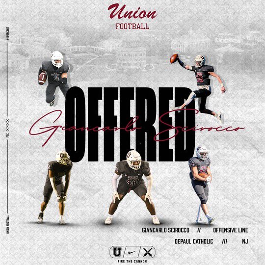 Giancarlo Scirocco (@gc_scirocco) on Twitter photo Blessed to receive an offer to play college football <a href="/UnionCollegeFB/">Union College Football</a>!!!
Thank you <a href="/CoachATrotta/">Anthony Trotta</a> <a href="/FBCoach_Sino/">Terence Sino</a> <a href="/CoachCamp01/">Nick Campanile</a> <a href="/dpfootball/">DePaul Football</a> Blessed to receive an offer to play college football <a href="/UnionCollegeFB/">Union College Football</a>!!!
Thank you <a href="/CoachATrotta/">Anthony Trotta</a> <a href="/FBCoach_Sino/">Terence Sino</a> <a href="/CoachCamp01/">Nick Campanile</a> <a href="/dpfootball/">DePaul Football</a>