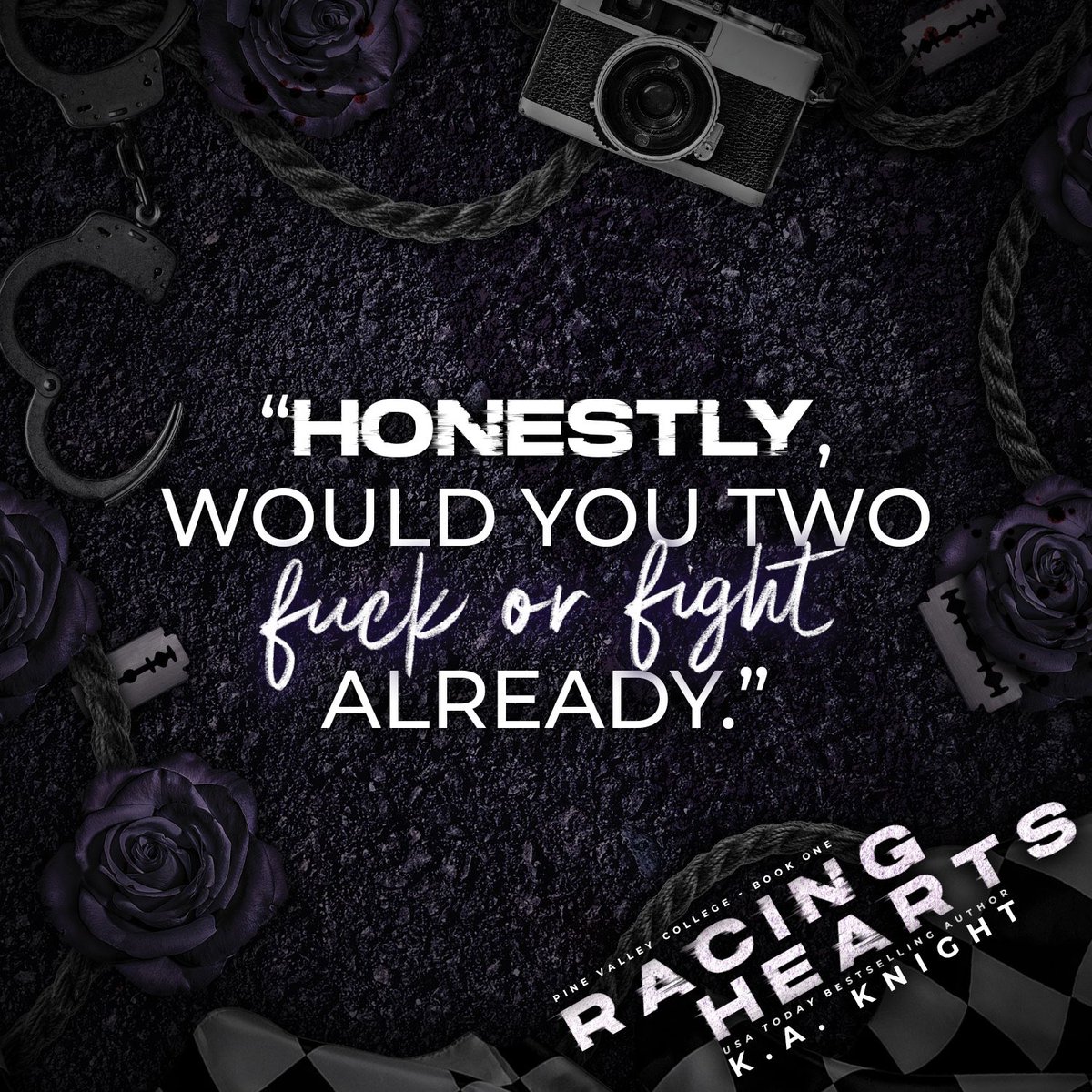 𝐑𝐚𝐜𝐢𝐧𝐠 𝐇𝐞𝐚𝐫𝐭𝐬 (Pine Valley College #1) by KA Knight releases on August 2nd! We are thrilled to share this teaser with you!  
PREORDER TODAY! amzn.to/3XVY28i
ADD TO YOUR GR: goodreads.com/book/show/2151…