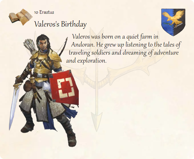 GolarionToday's tweet photo. 10 Erastus: Valeros's Birthday
#Valeros
https://t.co/S75SwlHir9
Valeros was born on a quiet farm in Andoran. He grew up listening to the tales of traveling soldiers and dreaming of adventure and exploration. https://t.co/SHcu8GvuQp