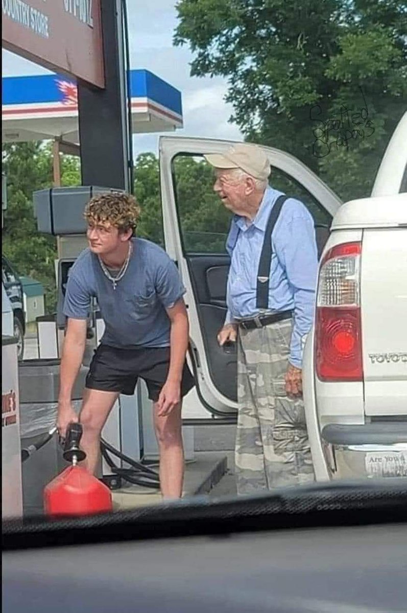 Be the reason to make somebody smile today. ❤️

This young man was filling up his car when an older gentleman stopped with his empty gas can for his lawnmower and waited patiently.

The teenager noticed him, took the hose out of his car, and asked the gentleman if he wanted him