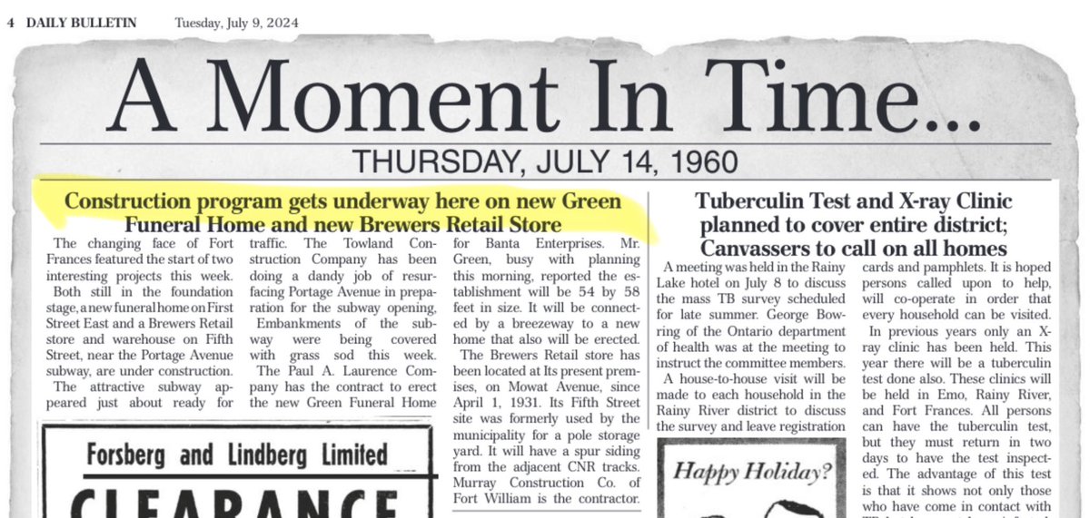 JudsonHowieLLP's tweet photo. Some history of our office building — which is again under construction 64 years later — appeared on the retrospective page of today’s Fort Frances Times. 📰 🕰️ https://t.co/imp5fZo8IY