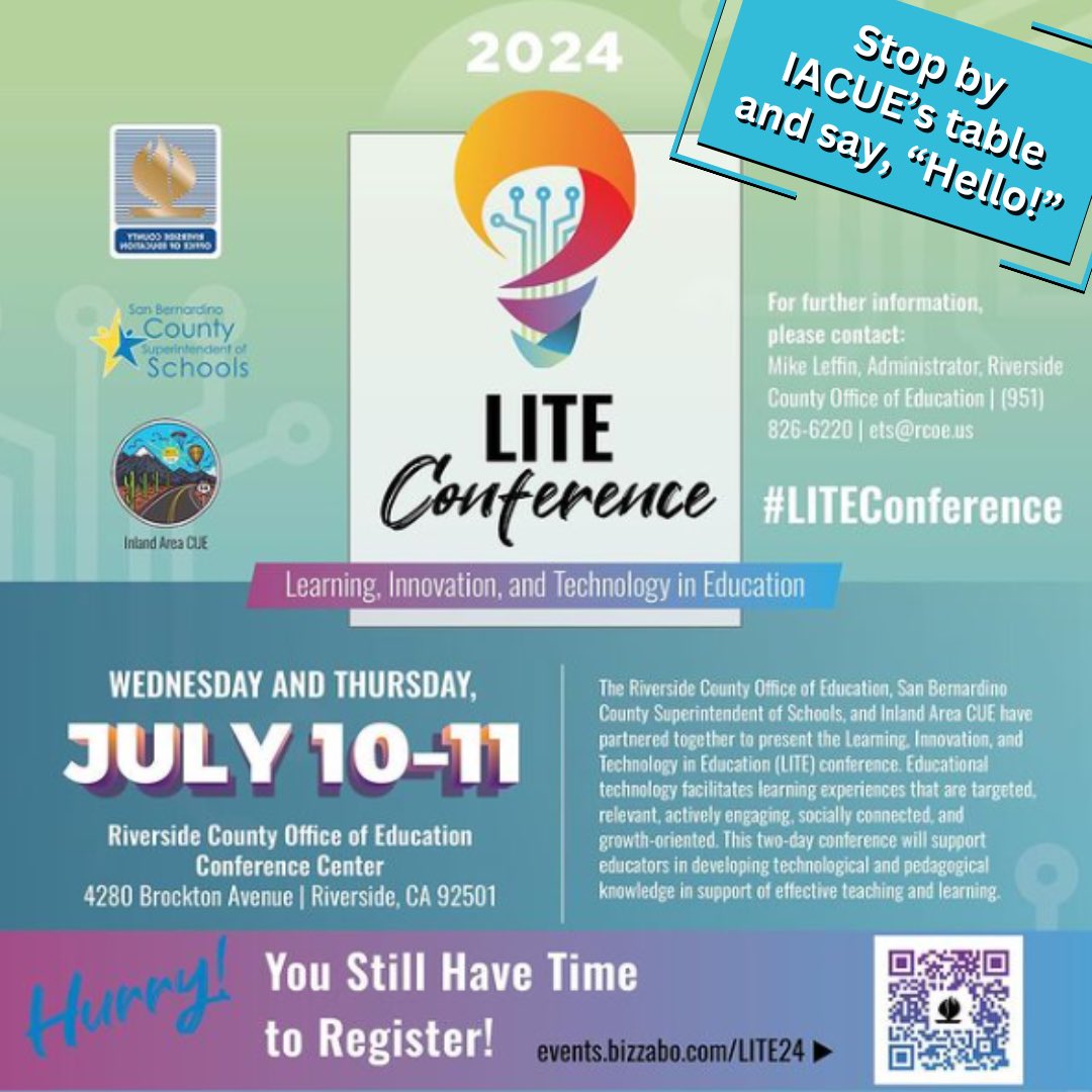 IACUE's tweet photo. Inland Area educators, if you’re attending the #LITEConference tomorrow and Thursday, swing by our table and say, “Hello!” #iacue https://t.co/EXCS70R7Jb