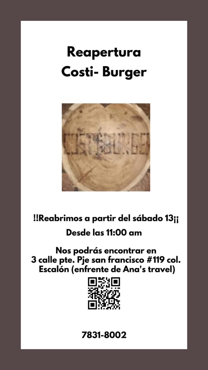 consejero01's tweet photo. Jovenes,

Esta es la reinaguracion el negocio de la mama de mis hijos, mi ex esposa. Jr y Sarita estaran apoyando el fin de semana.  Son hamburguesas de costilla, realmente buenas.  Si pueden se dan una vuelta.  Me ayudan a difundir. Gracias por sus rts ! https://t.co/9xwjp1uyHg