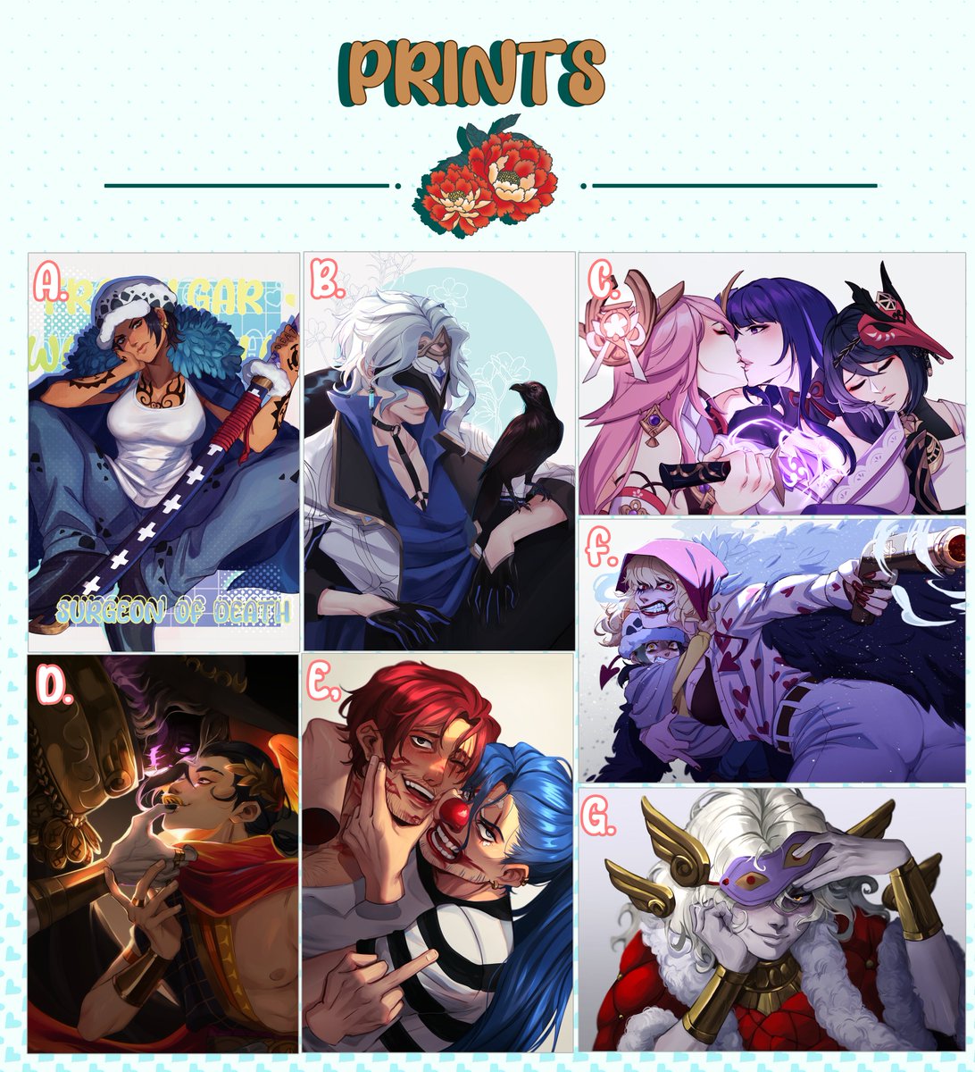 ✨🌻Summer Shop Update!🌻✨ [RTWs💕] POs end on the 30th!  • Restocking Corazon and Law Mousepads +Charms • Added Gear 5 Luffy, Kid, and Yamato to the One Piece keychains! • Hades Charms+Stickers along with a special Scylla one! • Postcard/Prints Available!   Links⏬⏬⏬